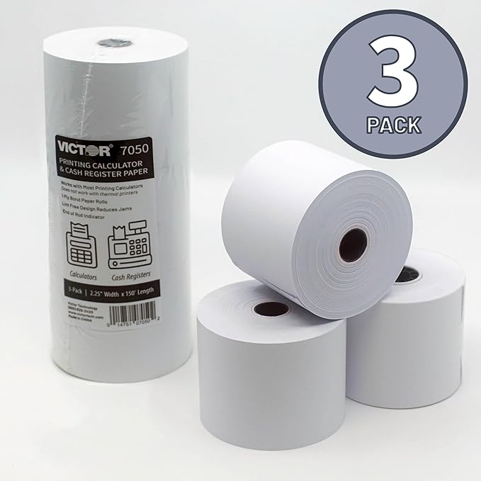 Victor 7050 Compact White Paper Rolls for Handheld and Portable Printing Calculators/Adding Machines/Ink Print Cash Registers 2.25” W x 150' FT (6-Pack)