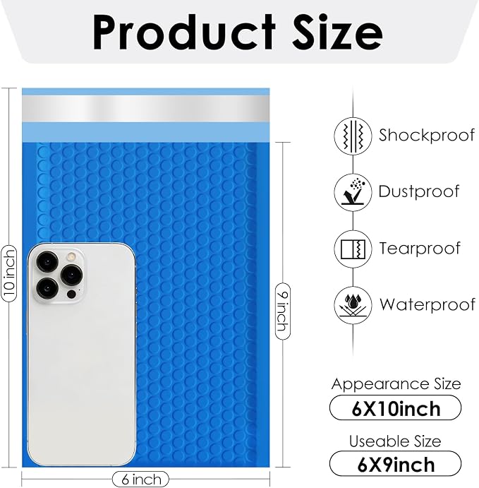 packbabol Bubble Mailers 6x10" 50 Pack Blue Padded Envelopes Waterproof Usable Size 6x9 Self-Seal Padded Mailing Envelopes Bubble Opaque Padded Mailer for Small Businesses， Envelope Mailers#0