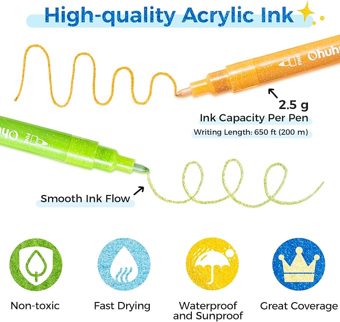Ohuhu Acrylic Glitter Markers 24 Colors Fine Tip for Painting Coloring | AP Certified Glitter Paint Pens for Fine Details & Shimmer Accents, Water-Based & Quick Dry, for Crafts Cards Journaling