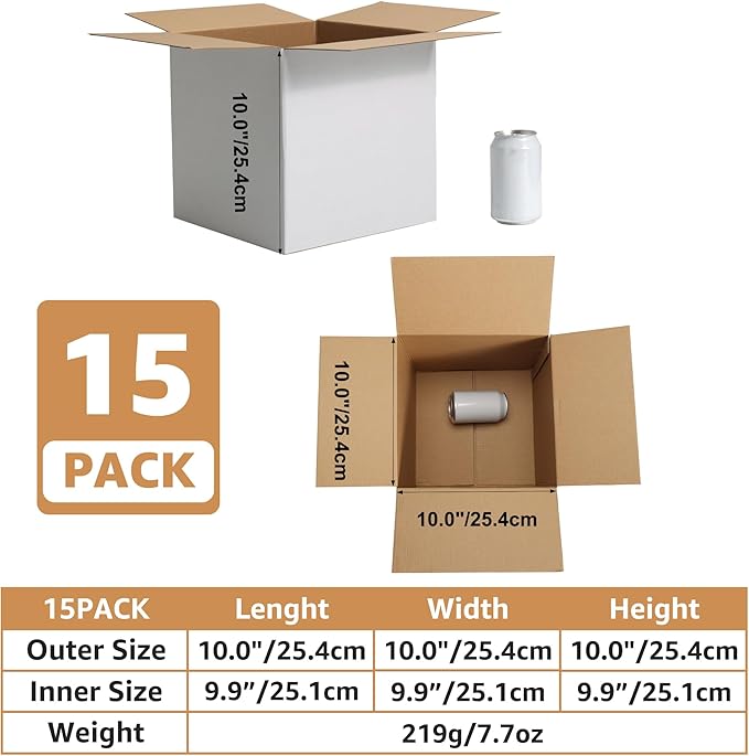 EXYGLO 15 Pack 10x10x10 Shipping Boxes for Small Business, White Corrugated Cardboard Small Box for Packaging, Moving, Mailing, and Storing