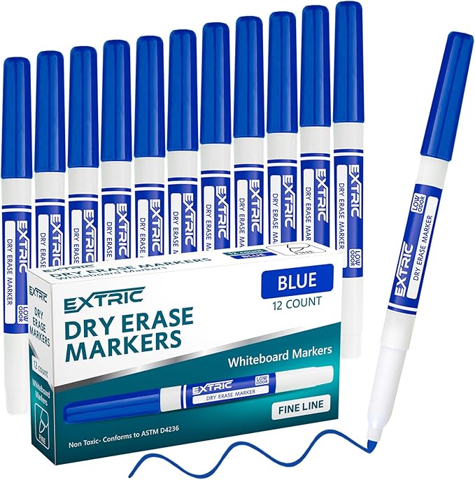 EXTRIC Blue Dry Erase Markers Fine Tip, 12 Count Whiteboard Markers, Fine Tip Dry Erase Marker Bulk Classroom Pack White Board Marker for Teachers and Students