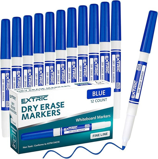 EXTRIC Blue Dry Erase Markers Fine Tip, 12 Count Whiteboard Markers, Fine Tip Dry Erase Marker Bulk Classroom Pack White Board Marker for Teachers and Students