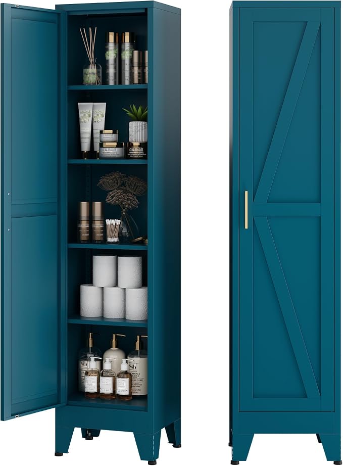 COFaR Tall Bathroom Cabinet, Metal Farmhouse Narrow Slim Storage Cabinet with Adjustable Shelves Barn Door for Bathrooms, Kitchens, Entrances Living Room (Blue)