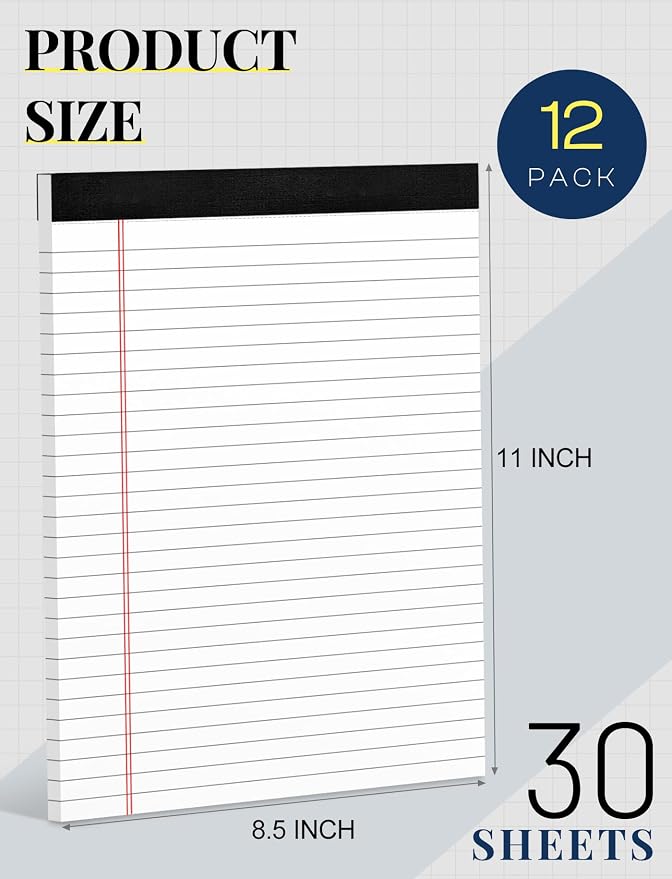 12 Pack Note Pads 8.5 x 11, White Legal Pads 8.5 x 11 Wide Ruled Lined | Writing Pads Legal Notepads Legal Ruled Lined Paper Pads 8.5 x 11 Inch 30 Sheets Per Writing Pad for School, Office, Home
