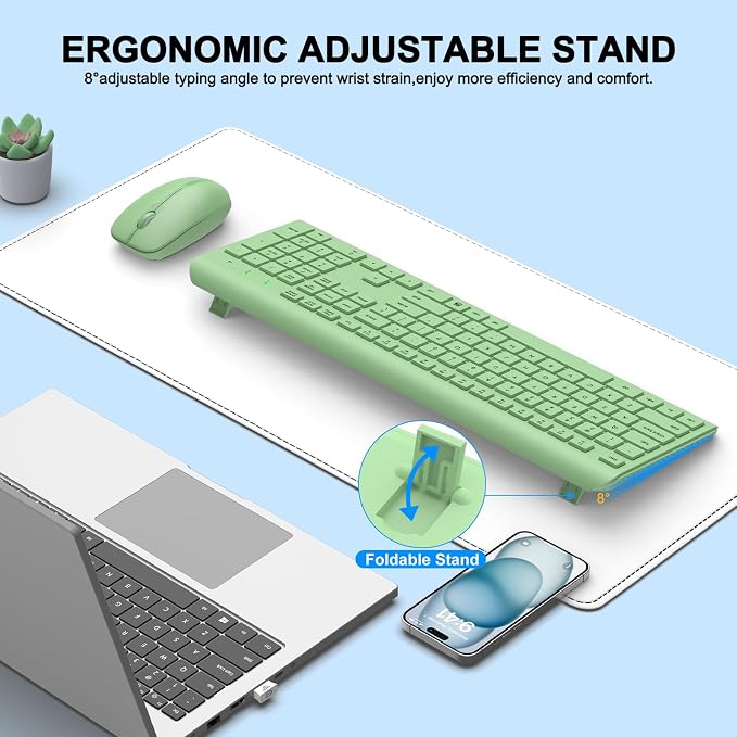 Wireless Keyboard and Mouse Combo, Full-Size Silent Ergonomic Keyboard and Optical Mouse, Long Battery Life, 2.4G Lag-Free Mice Keyboard for Computer,Mac,Laptop,PC,Windows(Avocado Green)