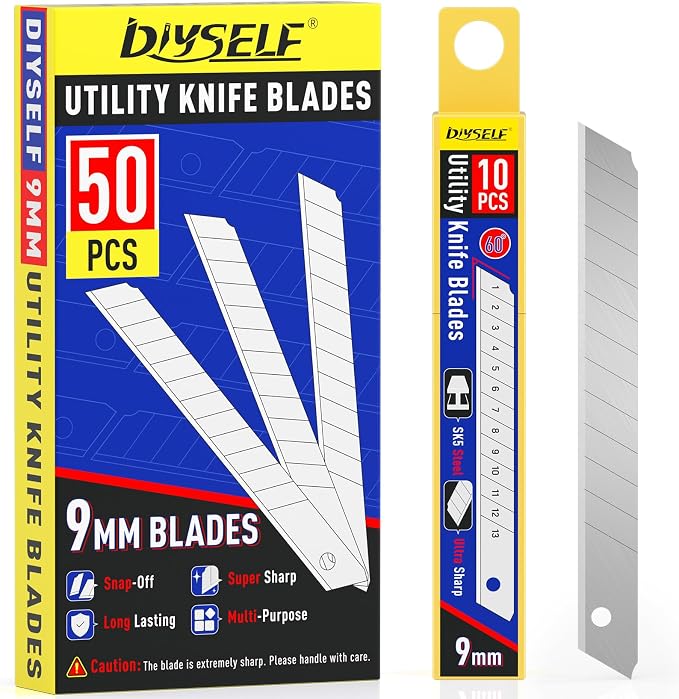 DIYSELF 50Pcs 9mm Utility Knife Replacement Blades, Snap Off Blades for 9MM Universal Box Cutters (60°) | Snap Off Replacement Blades for Universal Box Cutters Utility Knives, High Carbon Steel Blades for Cardboard, Foam Board