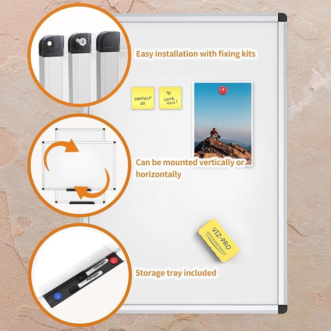 VIZ-PRO Magnetic Whiteboard, 36 x 24 Inches, Dry Erase Board for Wall | Includes 1 Eraser, 2 Markers & 4 Magnets, 3' x 2', Aluminum Frame, for School Office and Home