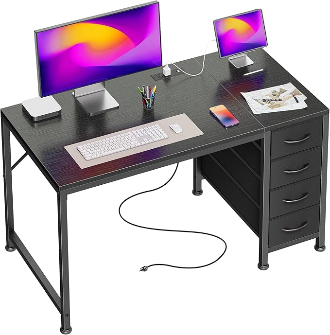 39.4 Inch Computer Office Desk with Power Outelts and USB-C Port, Reversible Gaming Desk with 4 Fabric Drawers, Work Study Desk Work from Home, Black