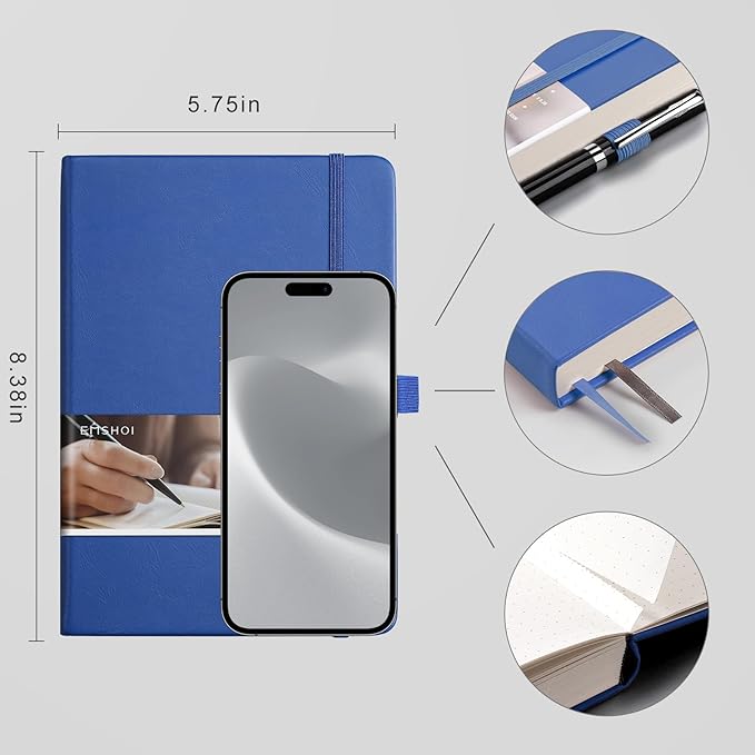 EMSHOI Dotted Journal Notebook, 256 Pages, 120 GSM Thick Paper, A5 Small 5.75"x8.38", PU Leather Hardcover, 5mm Dot Grid Notebook for Journaling, Planning, Drawing, Writing, Blue