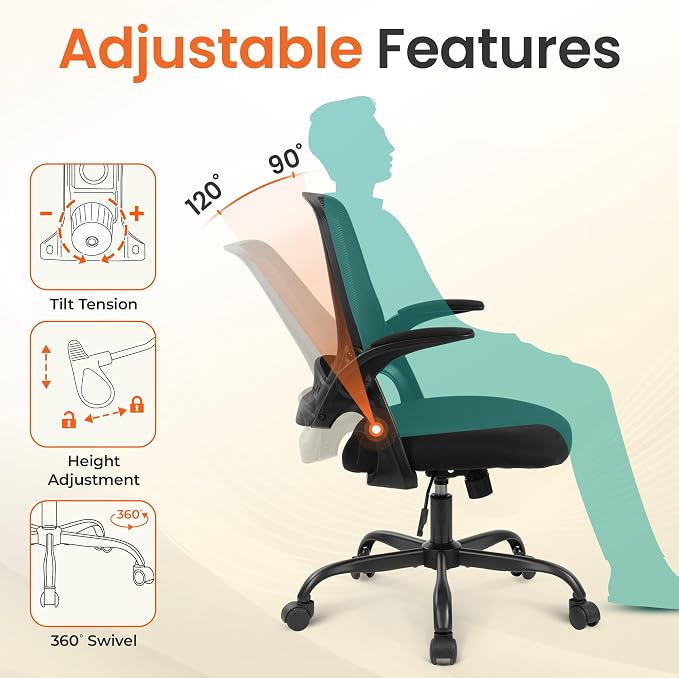 NEO CHAIR Office Computer Chair Ergonomic Mesh Back Flip-Up Arms, Black | Lumbar Support, Smooth-Rolling Casters, Height Adjustable Seat, Comfortable Seating for Office, Study and Computer Work