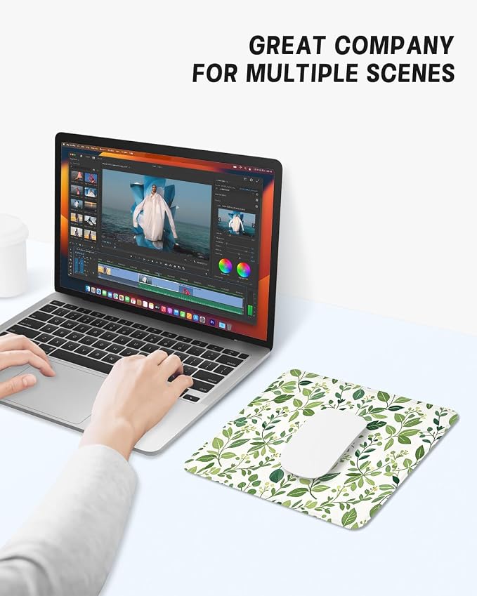 Mouse Pad, Cute Mouse Mat, 10" x 8", Cute Green Leaf -04 | Square Waterproof Gaming Computer Mat, Textured Top, Stitched Edges, Non-Slip Rubber Base for Office Home Laptop Keyboard