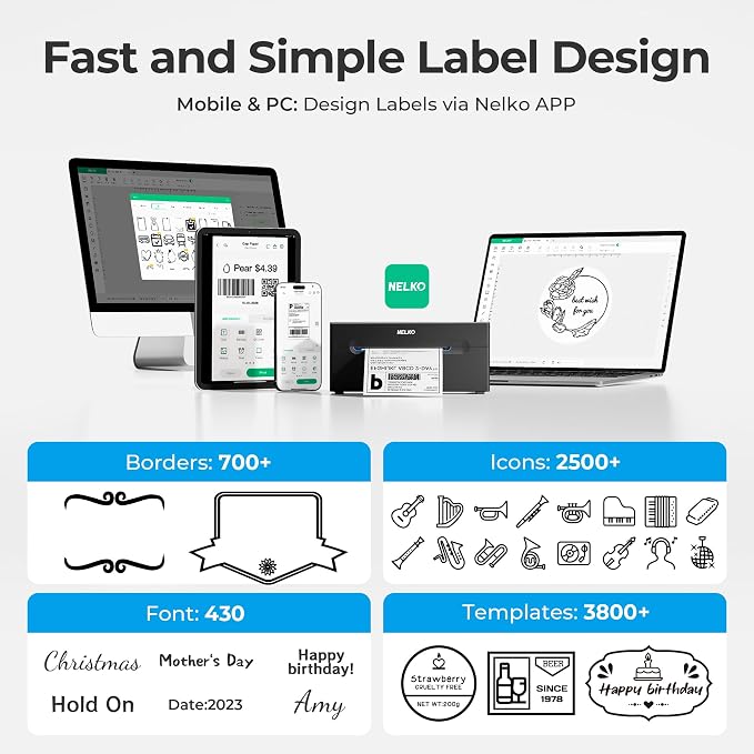 Nelko Bluetooth Thermal Shipping Label Printer, 4x6 Thermal Label Printer | Quick Setup, Fast Speed, Crisp Print Quality, Compatible with iPhone, Android, Windows&Mac, Work with Amazon Shopify Etsy UPS