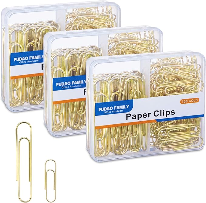 Paper Clips Assorted Sizes, Large PaperClips, Small PaperClips, Paper Clip, 300 Gold Paper Clips, (3 Boxes of 100 Each)