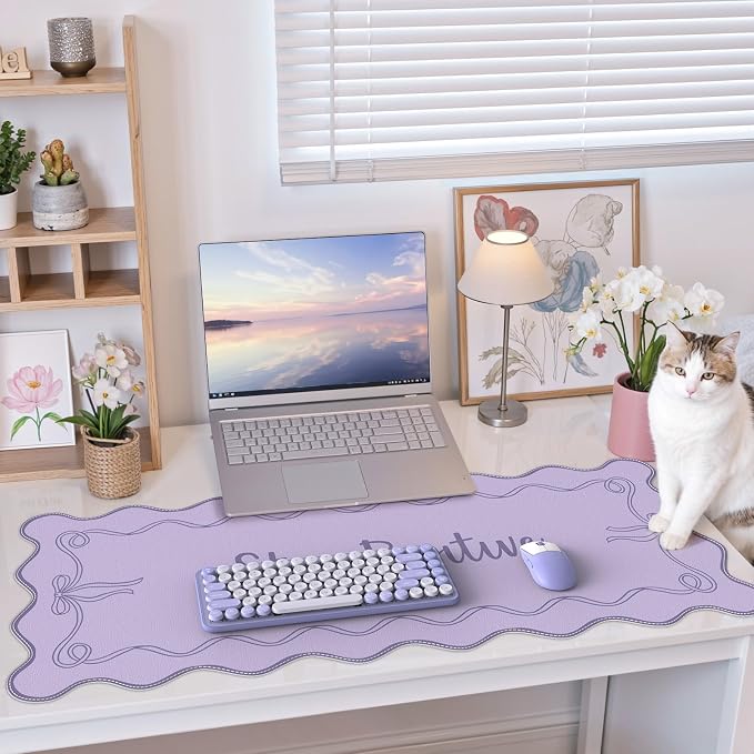 iCasso Purple Office Decor for Women, Scalloped Desk Cover Mat, Large Mouse Pad, Leather Waterproof Accessories Blotter, Non-Slip Mousepad for Organizer Office Dorm Supplies Teacher Girly