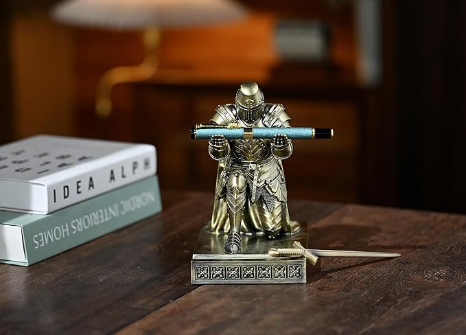 Medieval Templar Vanguard Officer Knight Pen Holder Desk Organizers Bronze | Pencil Stand Paperweight Desktop Decoration Accessories Cell Phone Stand with a Fancy Sword for Medieval Warrior Enthusiast