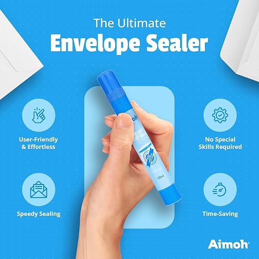 Aimoh Envelope Moistener & Envelope Sealer, Fast-Drying Adhesive 4-Pack | For envelopes, stamps & letters, Quick-drying, Clear finish, Non-toxic, 4 x 50ml, Home, office & school use (13454)