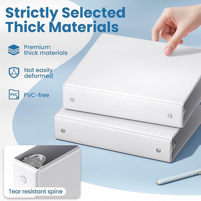 SUNEE 1.5 Inch Binders 3 Ring 12 Pack Bulk, PVC-Free Clear View 1 1/2 Inch Binders (Fits 8.5x11 Inches) for School, Office & Home Use, White