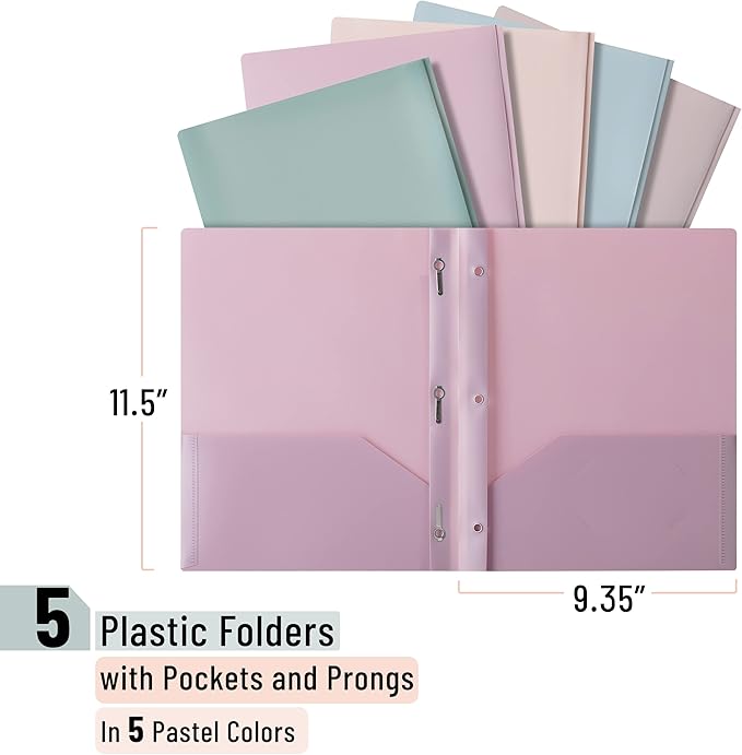 Mr. Pen- Plastic Folders with Pockets and Prong, 5 Pack, Muted Pastel Colors, Pocket Folders with Prongs and Fasteners, 2 Pocket
