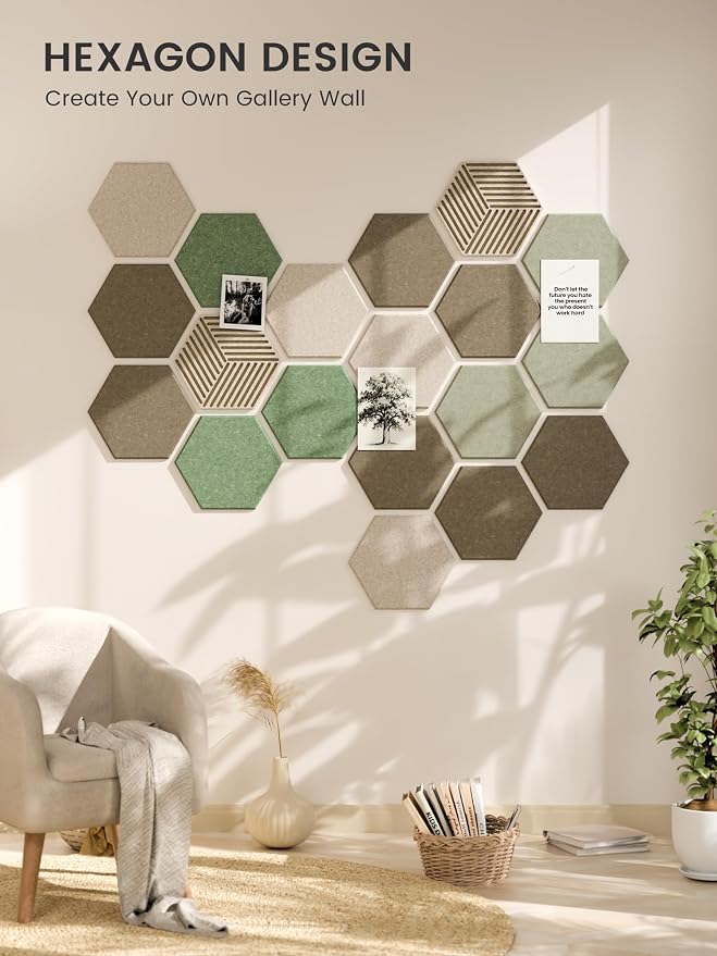 Fluxynara 10-Pack Hexagon Cork Board Alternative, Moss Haven | Felt Bulletin Board with 50 Adhesive Tabs, Ideal for Vision Boards and Wall Decor in Homes, Offices, Classrooms, and Dorms