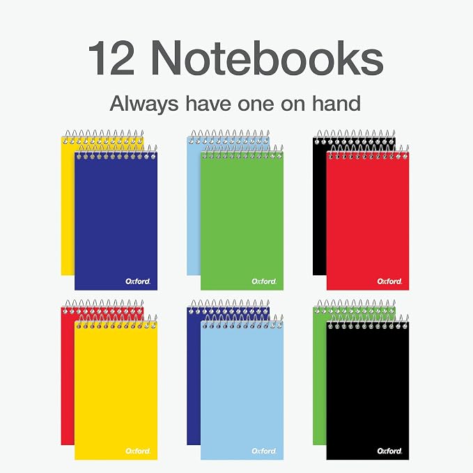 Oxford Spiral Memo Pads, Top Wire Bound, 3 x 5 Inch Pocket Notepad, College Ruled, 6 Assorted Primary Colors, 75 Sheets (25092), 12 Count (Pack of 12)