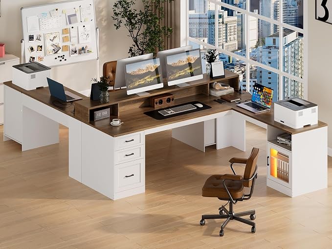 63" L Shaped Desk with Drawers, Corner Desk with File Cabinet | LED L Shaped Office Desk with Storage, Wooden L Shaped Executive Desk with Power Outlet & Monitor Stand, White and Walnut