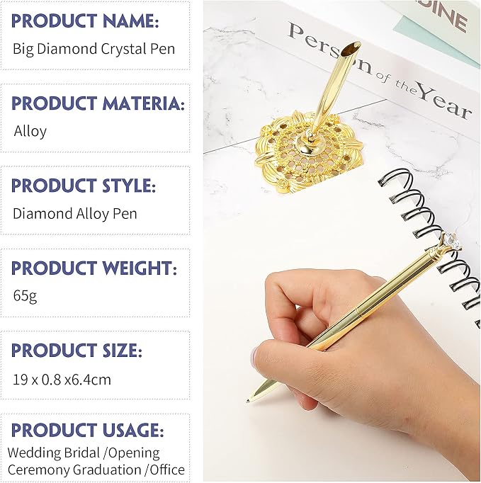 Outus 2 Pcs Gold Wedding Pens for Guest Book Signing Diamond Design | Hollow Round Holder Stand, Desk Ballpoint Pens, For Bridal Showers Wedding Bachelorette Party Engagement Reception Business