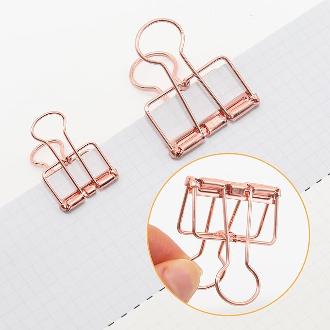 20 Pcs Hollow Out Long Tail Wire Binder Clips, 10 Medium + 10 Small | Rose Gold, Assorted Sizes, Hollow Binder Clamps, Paper Binder Clips for Office School Supplies