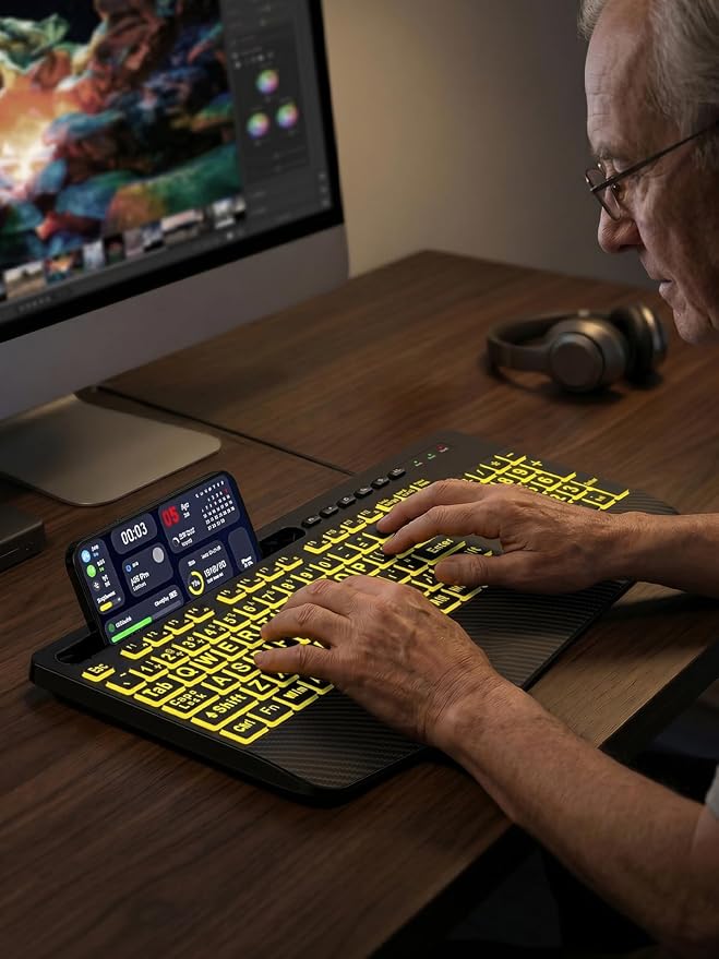 SABLUTE Large Print Wired Keyboard, Ergo Wrist Rest, 7 Colors Backlight | K21 Pro Computer Keyboards with Phone Holder, Oversized Letter keys Easy to See and Type for Laptop, PC, Windows, Black