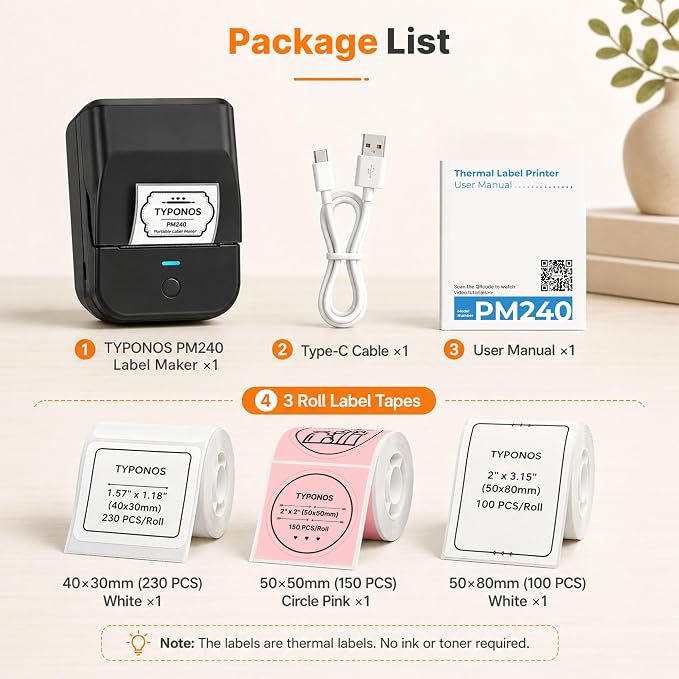 PM240 Label Maker Machine with 3 Tapes, Label Printer Black, Set 1 | 2'' Bluetooth Thermal Sticker Label Maker for Small Business, School Supplies, Classroom, Home Office with Multiple Templates