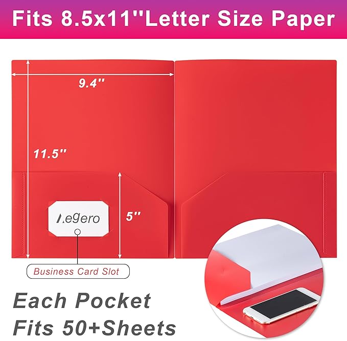 Aegero Plastic Folders with Pockets (7 Pack, Pink) | Durable Heavy Duty File Folders with Business Card Slot, 2-Pocket Folder for Schoolwork & Office,Letter Size