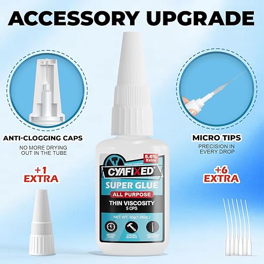 Thin Super Glue 30 Gram, All Purpose Clear Liquid CA Glue Repair Wood Ceramic Glass Plastic, Heavy Duty Cyanoacrylate Adhesive for 3D Print PLA Shoe Metal Craft, Strong Bond and Instant Superglue