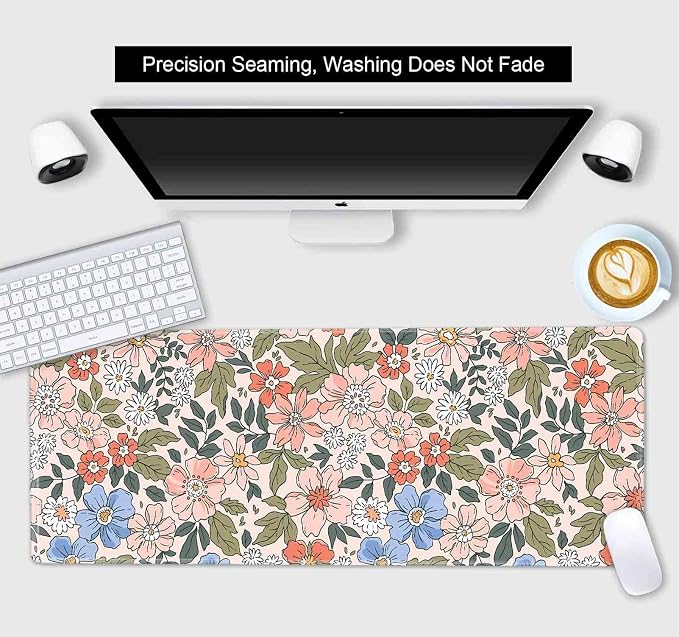 Pink Blue Floral Desk Mat Cute, XL Green Leaf Flowers Extended Mousepad, Non-Slip Rubber Base Stitched Edge Large Mouse Pad Desk Pad for Women Gamer Office,Computer Accessories,31.5 X 11.8 in