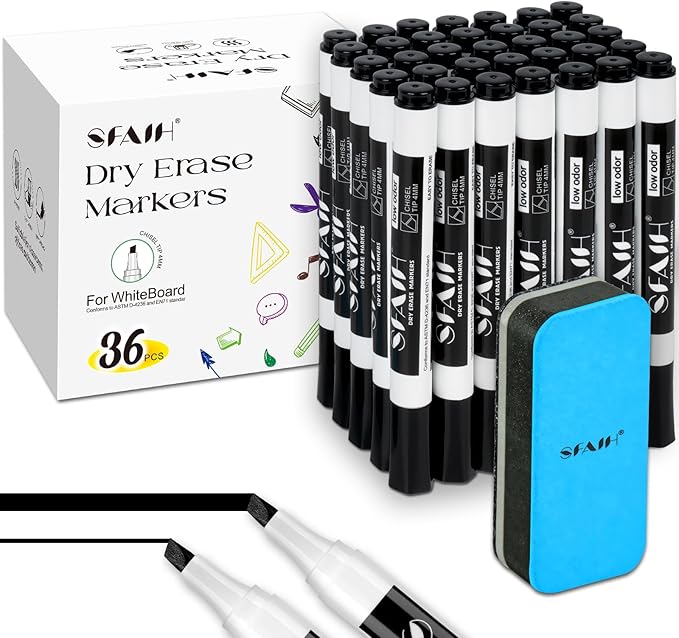 SFAIH Dry Erase Markers Chisel Tip with Magnetic Whiteboard Eraser, 36 Bulk Pack Black White Board Markers for Teachers, Versatile Lines, 1s Quickly Dry, Essential Supplies for Office Teacher
