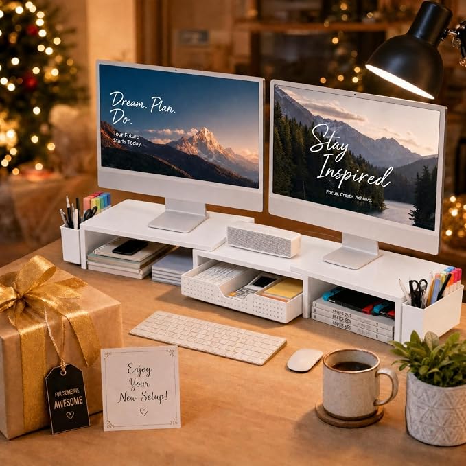 Desk Organizers and Accessories, Dual Monitor Stand Riser with Drawer and 2 Pen Holders, Desk Shelf Computer Racks for Office Workspace Organizers, Desktop Organization (White)