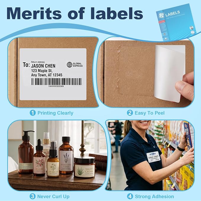 4" x 3.33" Shipping Labels - 150 Adhesive Address Labels for Laser/Inkjet Printer, Barcode, Mailing, Product, Shipping Boxes, Packaging Labels, Customizable Label Stickers (25 Sheets)