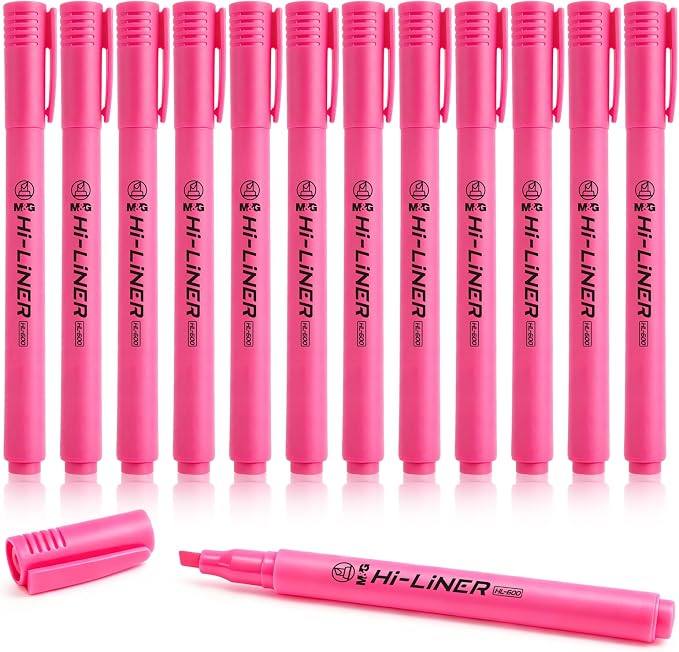 M&G Liner Highlighters, 12-Count Pack Pink Highlighters, Chisel Tip No Bleed Highlighter Pens for Office Documents, Planning, and Everyday Organization