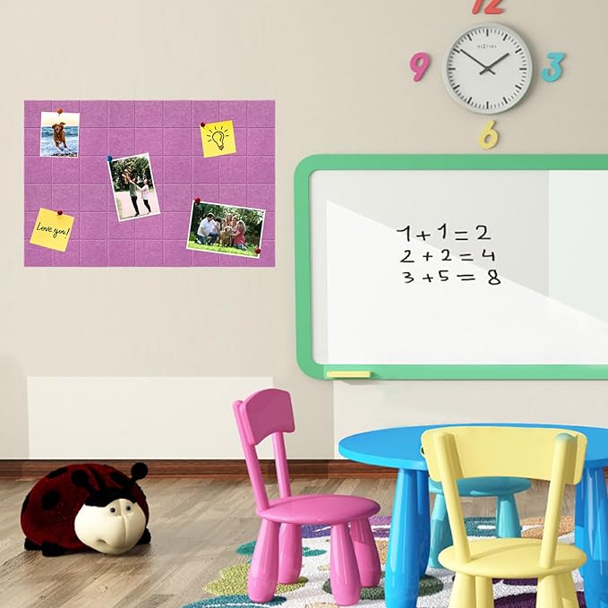 Large Square Felt Cork Board Tiles, Self Adhesive DIY Felt Bulletin Board with 35 Pushpins for Office School Home Wall Decor Stickers Memos Photos (Light Purple)