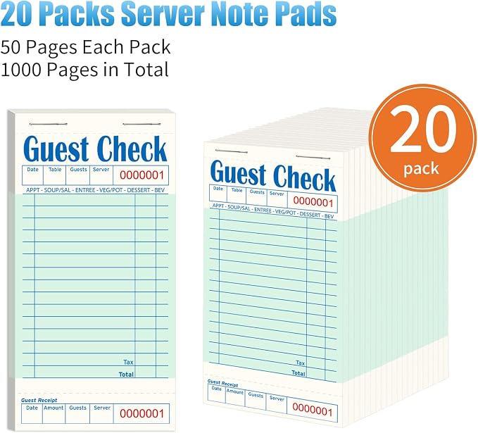 ZPARIK 20 Pack/1000 Tickets Guest Checks Books for Servers, Green | 50 Sheets Per Pack, Total 1000 Total Tickets; Durable Server Notepads for Cafes, Diners & Restaurant Staff