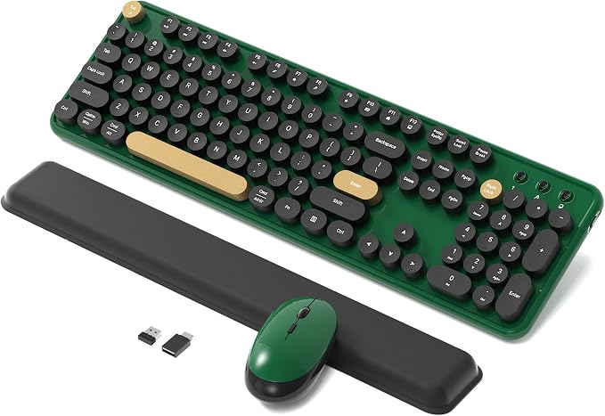 Retro Wireless Keyboard and Mouse Combo with Wrist Rest (Dark Green) | COVEVA Aesthetic Typewriter Style, Full-Size Clicky Tactile Floating Round Keys, 2.4GHz Ergonomic Set for Mac, Windows
