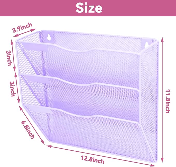 3 Pockets Mesh Wall File Holder Organizer Office Hanging File Folder Magazine Rack, Nametag Label Hooks Set Included (Purple)