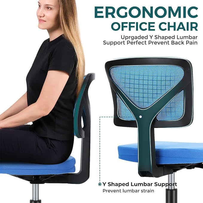 DUMOS Armless Desk Chairs, Small Home Office Mesh Chairs | Ergonomic Adjustable Mid Back, Swivel Rolling Task, Computer Work Vanity Small Spaces, Blue