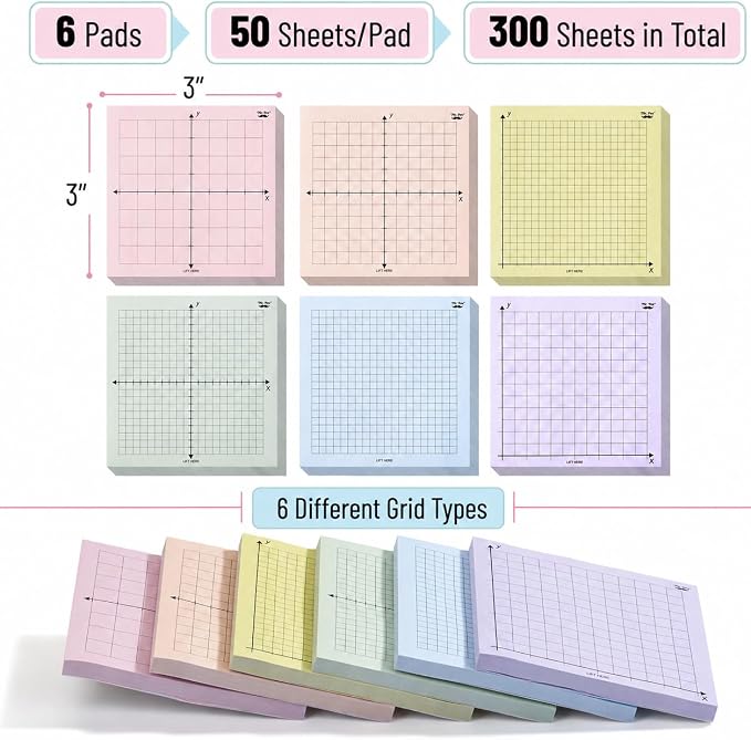 Mr. Pen- Graph Paper Sticky Notes, 6 Pads, 3x3 Inch, Pastel Colors | Graph Sticky Notes, Math Graph Paper, Graphing Sticky Notes, Grid Sticky Notes, Grid Notepad, Mini Graph Paper