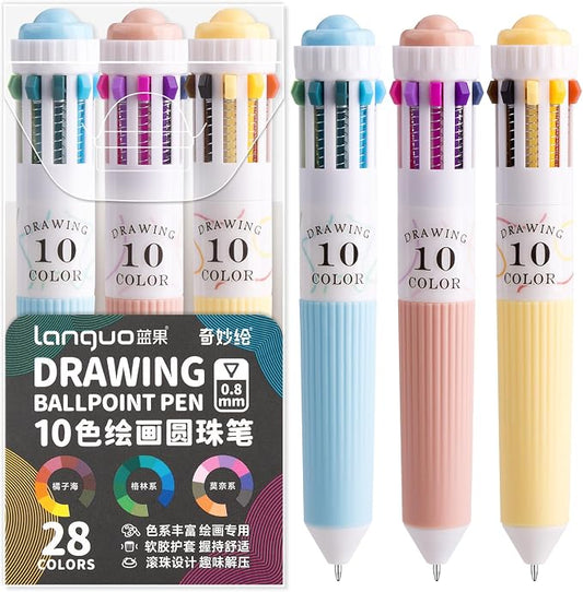 3 Pack Multicolor Pens, 10-in-1 Colored Ballpoint Pen, 28 Colors | 0.8mm Fine Point Smooth Writing, Retractable Ballpoint Pens for Office School Students Teens