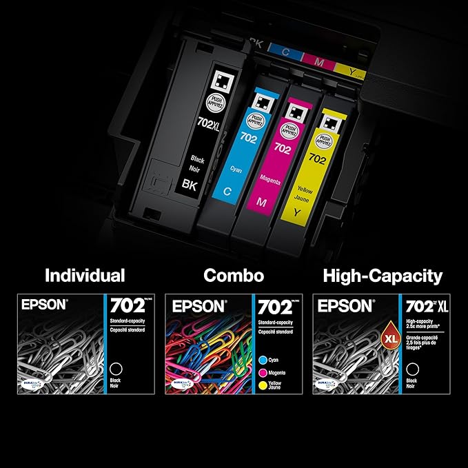 EPSON 702 DURABrite Ultra Ink High Capacity Black Cartridge (T702XL120-S) Works with WorkForce Pro WF-3720, 3730, 3733