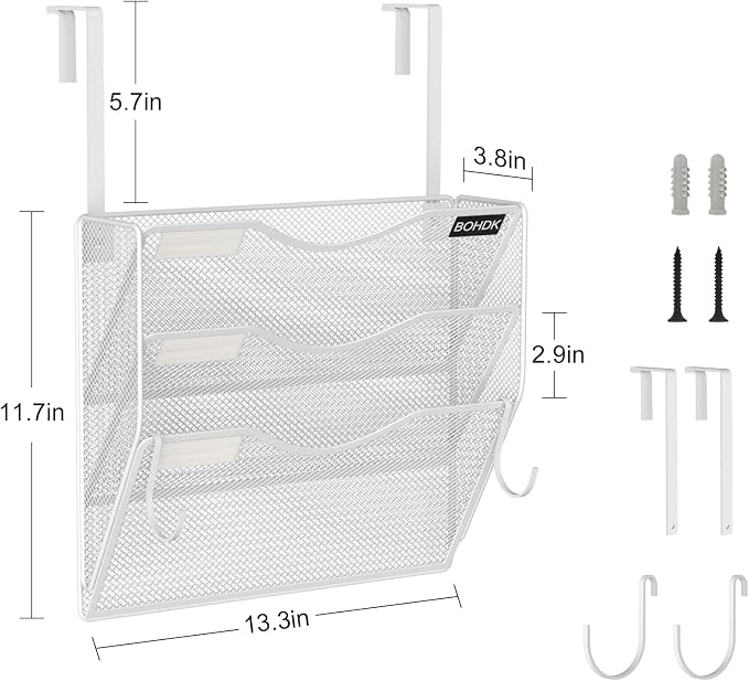 BOHDK Wall File Organizer, 3 Tire Hanging File Folder Mail Organizer, Vertical Mesh Metal Door/Wall Mount Hanging File Organizer, Paper Document Magazine Rack with Hooks for Home Office White