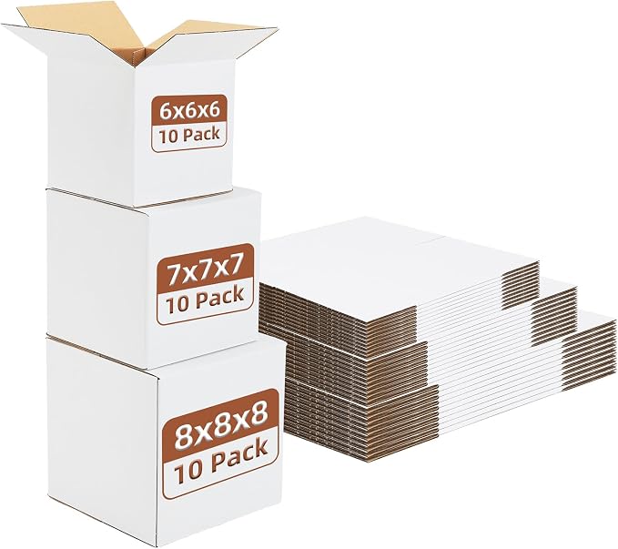 Hoikwo 30 Packs Shipping Boxes Mixed Sizes | 10 PCS Each of 8x8x8, 7x7x7, 6x6x6, White Cardboard Box for Small Business Packaging and Mailing