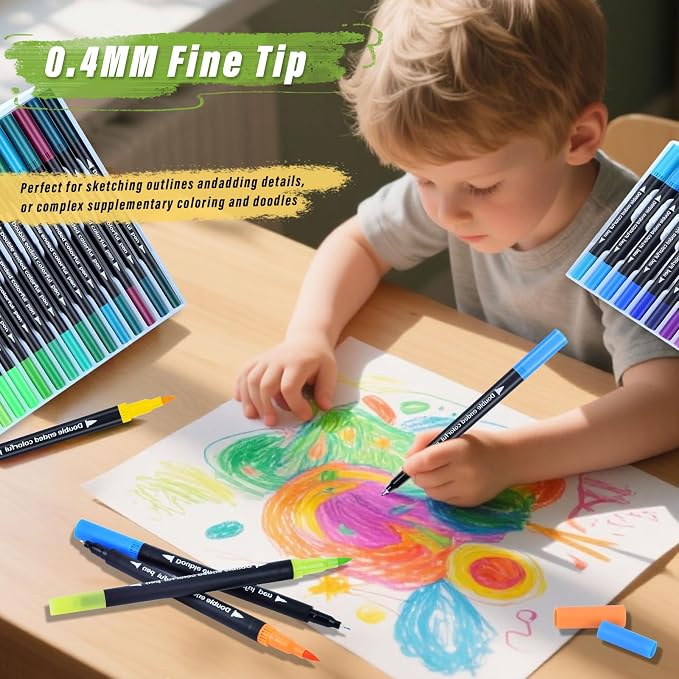 120 Colors Dual Markers Brush Pens ,Dual Tip Brush&Fine Tip Markers for Adult Kids Coloring,Water-based Ink Art Marker,Calligraphy Pens Fineliner and Brush Tips for Hand Lettering, Journal, Doodling