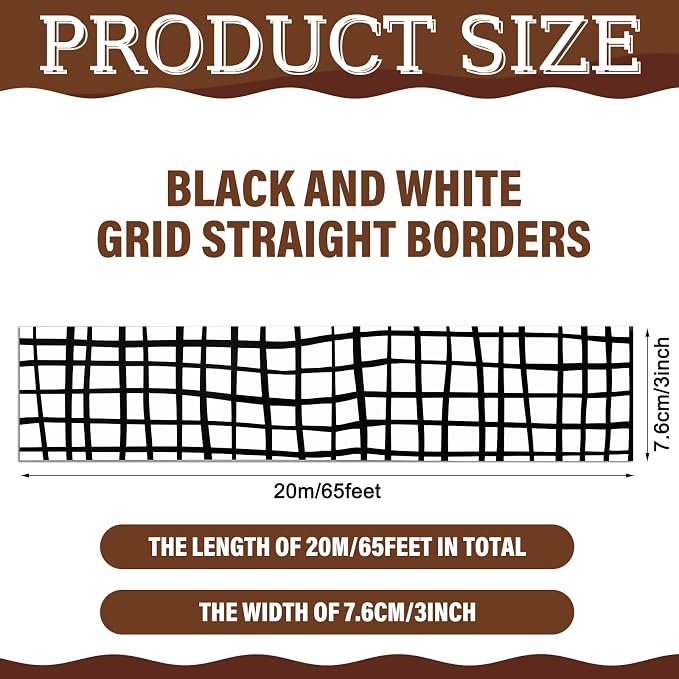 Zonon 65 Feet Bulletin Board Borders Black White Grid Striped Rolled Trim | Straight Scalloped Wavy Edges, Classroom Back to School Decor, Polka Dot Compatible, Office Display, Rolled Trim Design