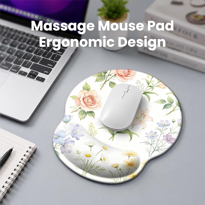 Mouse pad with Wrist Rest,Relieving Pain Memory Foam Computer pad, Ergonomic Desktop Mouse, Silicone Material Mouse pad, with Non-Slip PU Base (Flower)