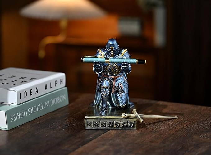 Medieval Templar Vanguard Officer Knight Pen Holder Desk Organizers Blue | Pencil Stand Paperweight Desktop Decoration Accessories Cell Phone Stand with a Fancy Sword for Medieval Warrior Enthusiast
